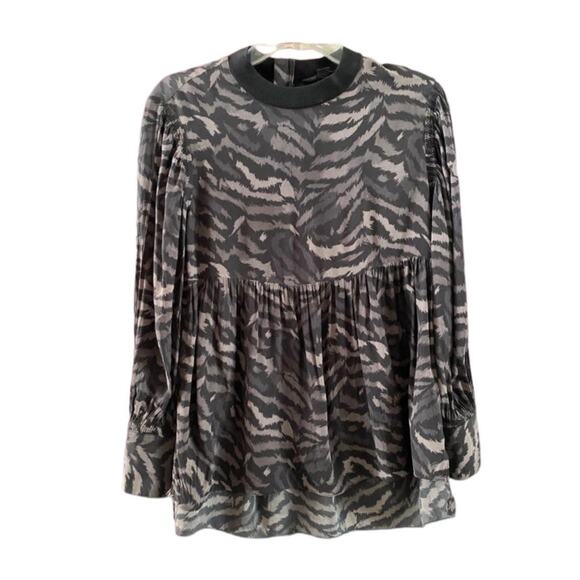 Allsaints Animal Peplum Blouse Flowy Black Gray S Classy Whimsigoth FairyGrunge - Picture 1 of 7